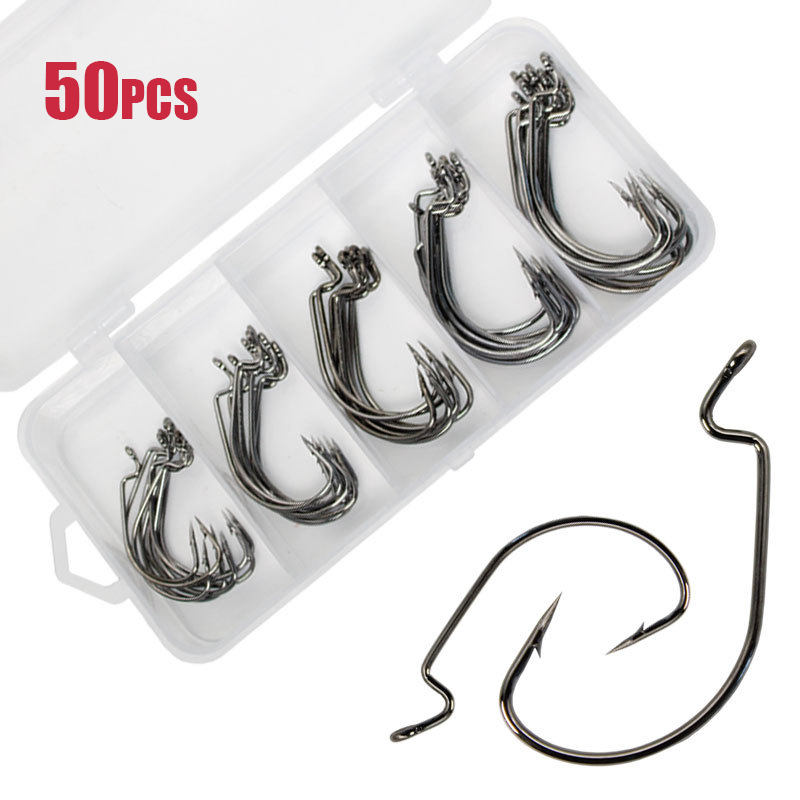 Fishing Hook Barbless - 50pcs 와이드 웜 후크 탄소강 오프셋